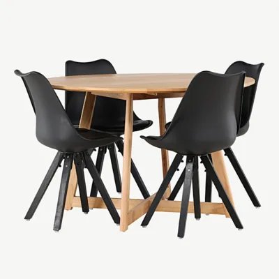 Ümmargune söögilauakomplekt Yakidon (tammelaadne MDF, kummipuu) ja mustad polüpropüleenist Zeno toolid - GR23878