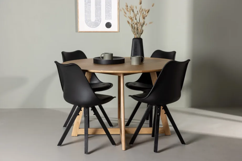 Ümmargune söögilauakomplekt Yakidon (tammelaadne MDF, kummipuu) ja mustad polüpropüleenist Zeno toolid, GR23878 – 4