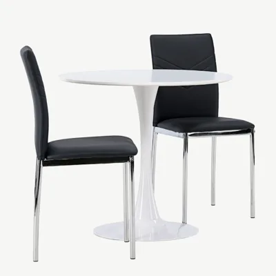 Ümmargune valge söögikomplekt Hamden 80 cm lauaga ja musta kunstnahaga Lily toolidega - GR23916