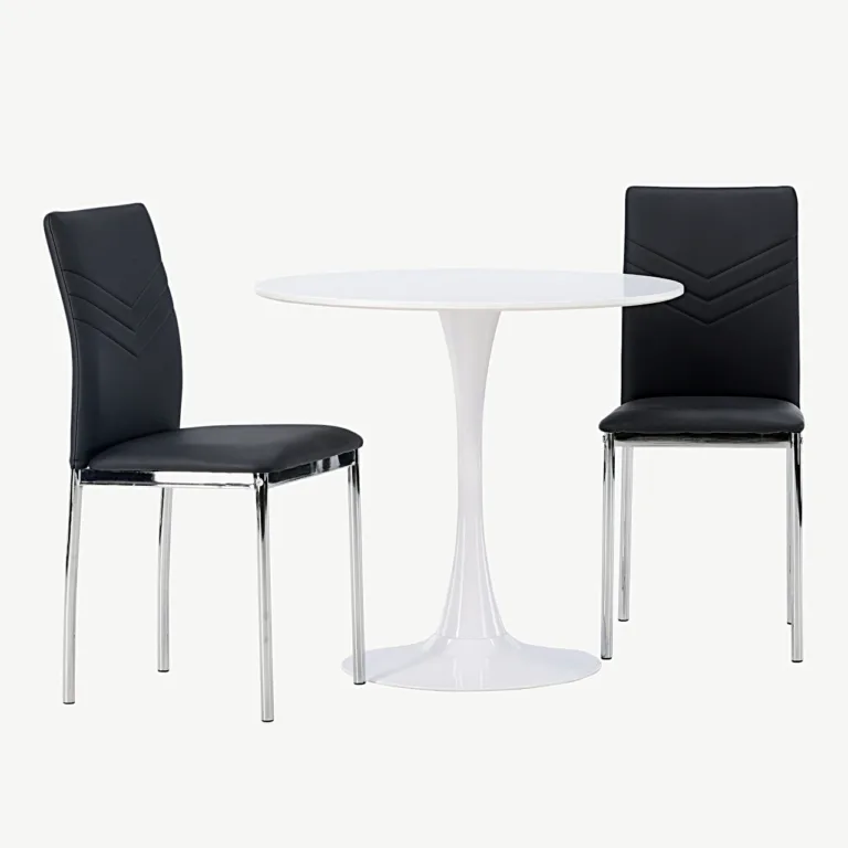 Ümmargune valge söögikomplekt Hamden 80 cm lauaga ja musta kunstnahaga Lily toolidega - GR23916