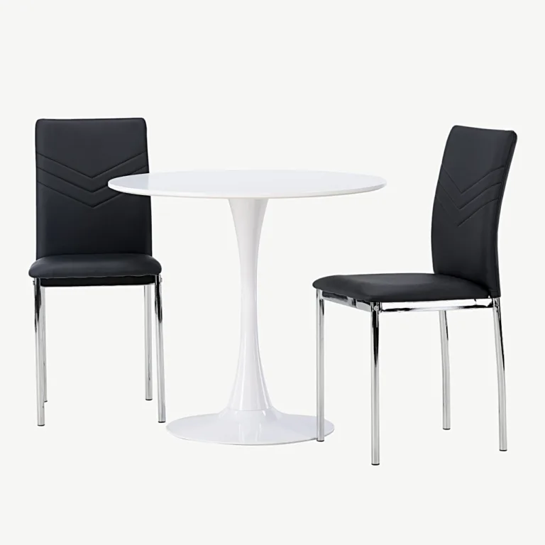 Ümmargune valge söögikomplekt Hamden 80 cm lauaga ja musta kunstnahaga Lily toolidega - GR23916