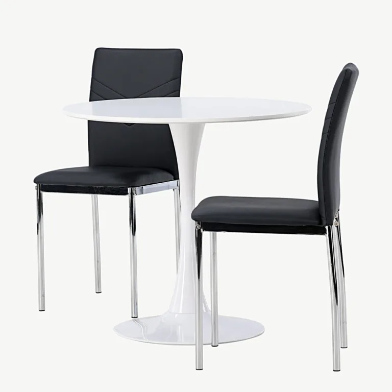Ümmargune valge söögikomplekt Hamden 80 cm lauaga ja musta kunstnahaga Lily toolidega - GR23916