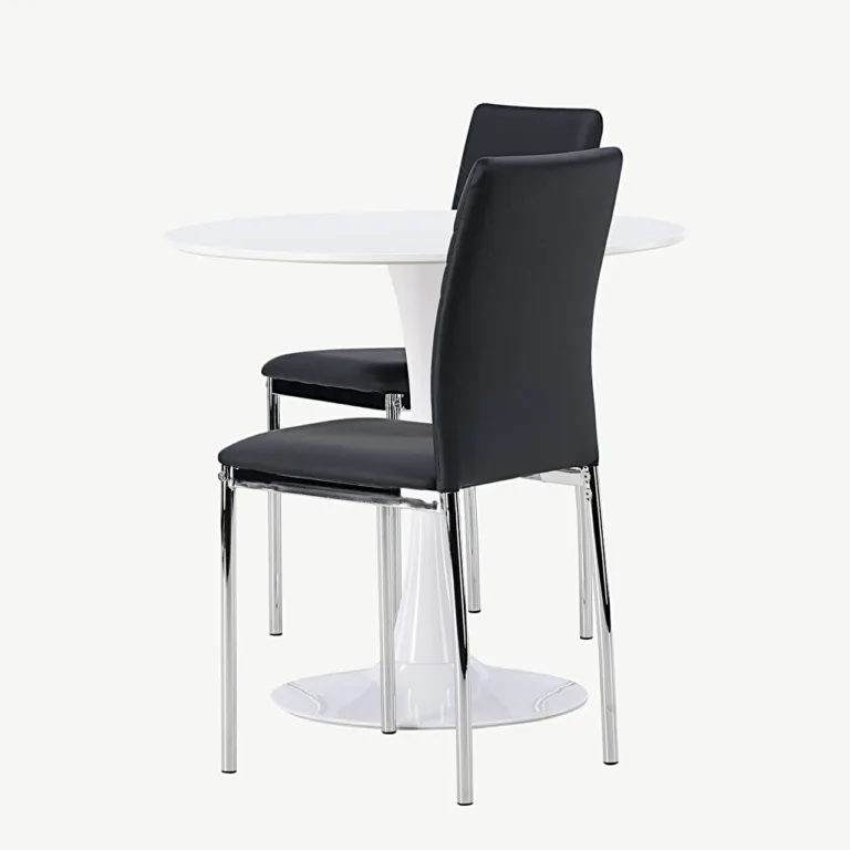 Ümmargune valge söögikomplekt Hamden 80 cm lauaga ja musta kunstnahaga Lily toolidega - GR23916