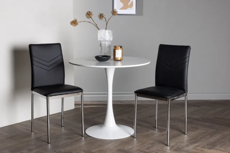 Ümmargune valge söögikomplekt Hamden 80 cm lauaga ja musta kunstnahaga Lily toolidega - GR23916