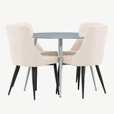 Ümmargune söögilauakomplekt Plaza halli laua ja beežide Leone corduroy-toolidega (4 tk, MDF, metalljalad) - GR24372