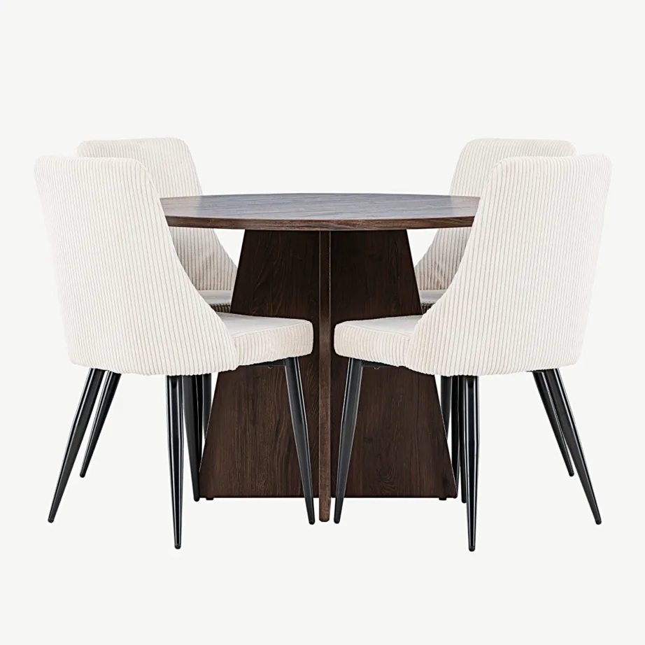 Ümmargune mokkatooniga söögilaud Bootcut koos nelja beeži buklee-kangast Leone tooliga, GR24394 – 7