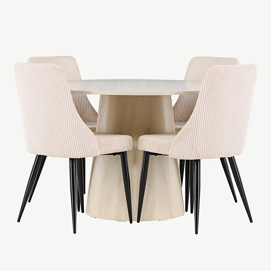 Ümmarguse lauaga söögilauakomplekt Lanzo valgeks peitsitud ja 4 beežist bukleekangast Leone tooliga, GR24424 – 2