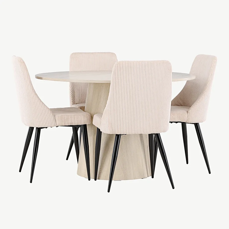 Ümmarguse lauaga söögilauakomplekt Lanzo valgeks peitsitud ja 4 beežist bukleekangast Leone tooliga, GR24424