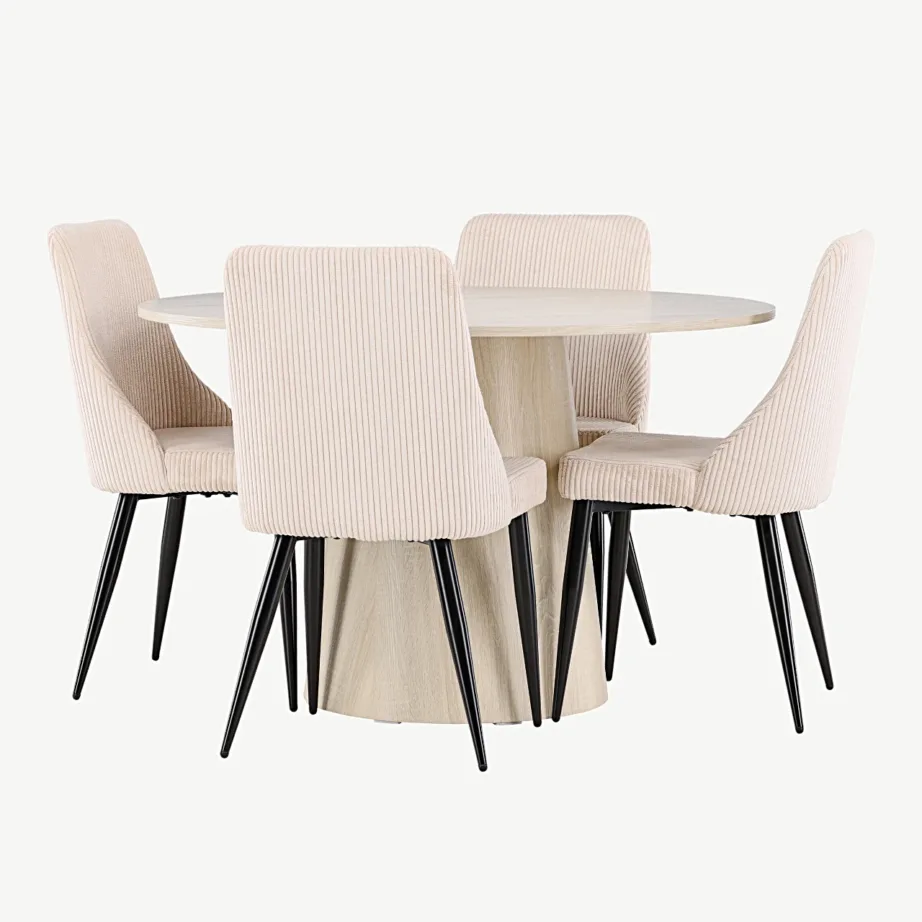 Ümmarguse lauaga söögilauakomplekt Lanzo valgeks peitsitud ja 4 beežist bukleekangast Leone tooliga, GR24424 – 3