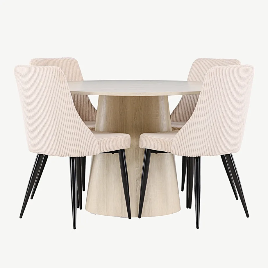 Ümmarguse lauaga söögilauakomplekt Lanzo valgeks peitsitud ja 4 beežist bukleekangast Leone tooliga, GR24424 – 4