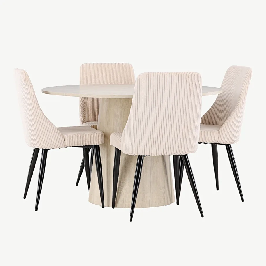 Ümmarguse lauaga söögilauakomplekt Lanzo valgeks peitsitud ja 4 beežist bukleekangast Leone tooliga, GR24424 – 5