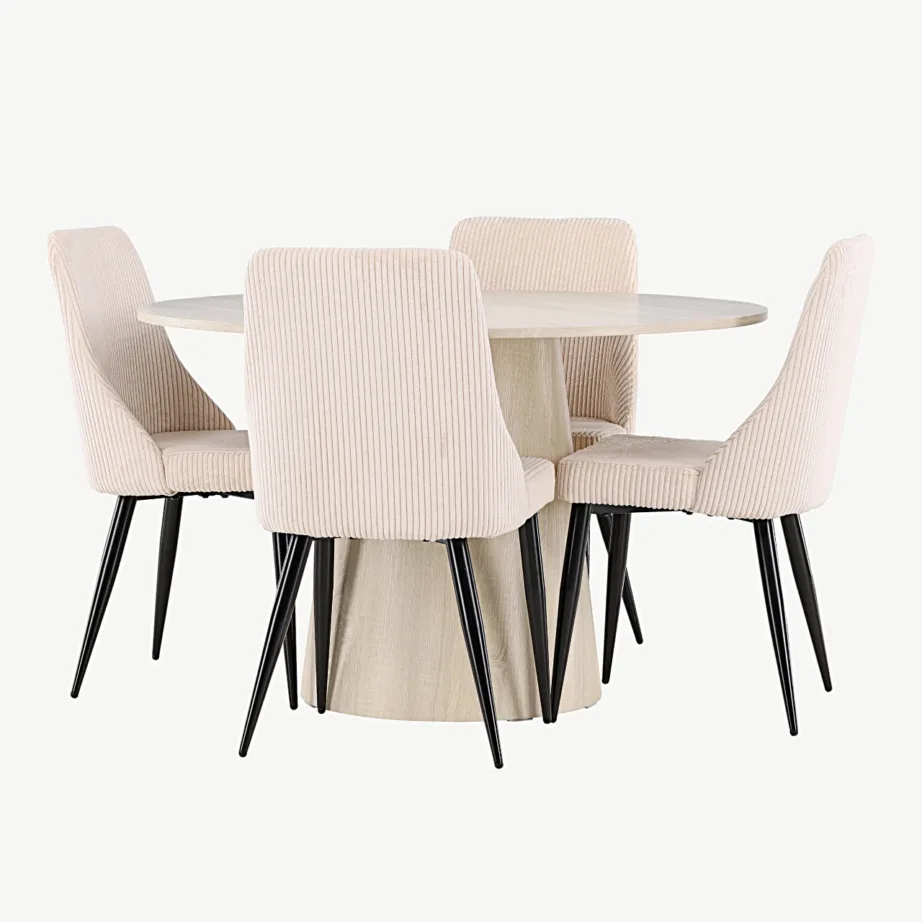 Ümmarguse lauaga söögilauakomplekt Lanzo valgeks peitsitud ja 4 beežist bukleekangast Leone tooliga, GR24424 – 6