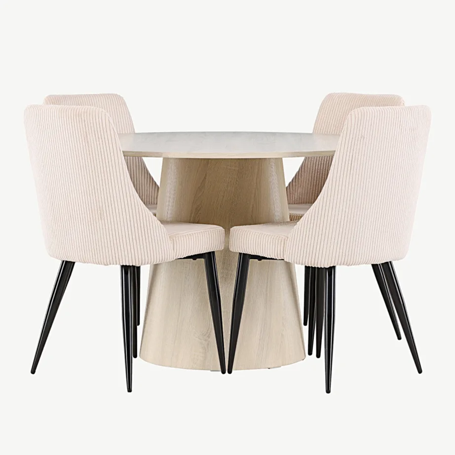 Ümmarguse lauaga söögilauakomplekt Lanzo valgeks peitsitud ja 4 beežist bukleekangast Leone tooliga, GR24424 – 7