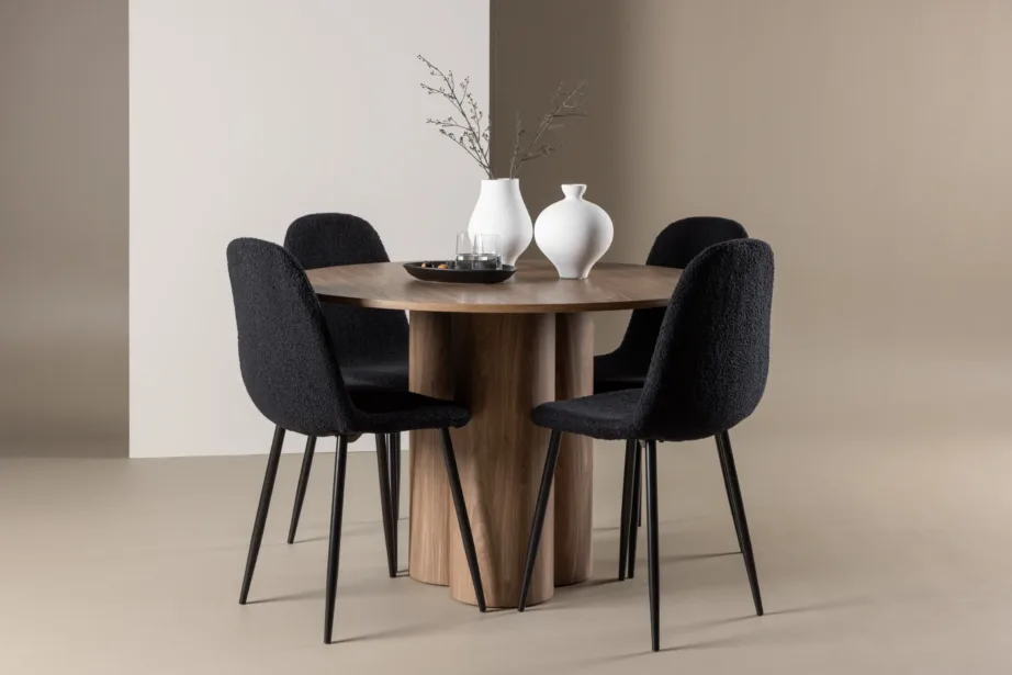 Ümmargune pruun söögilauakomplekt Olivia lauaga ja mustade polüesterkattega Polar toolidega (1 laud, 4 tooli), GR24461 – 8