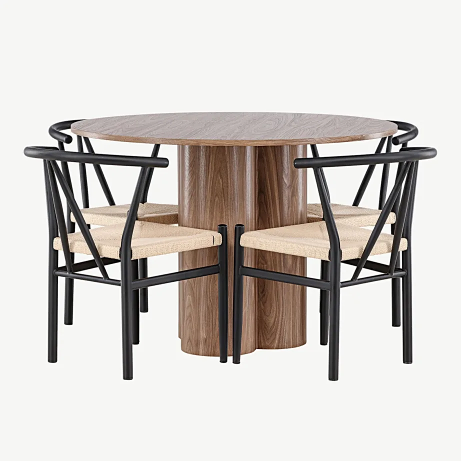 Ümmarguse söögilauakomplekt Olivia mokkatoonis nelja Alfons rotangist tooliga, GR24463 – 2