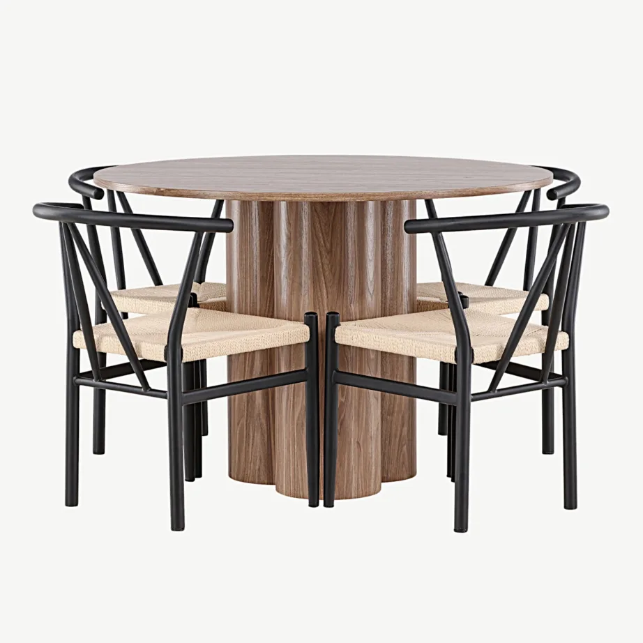 Ümmarguse söögilauakomplekt Olivia mokkatoonis nelja Alfons rotangist tooliga, GR24463 – 4