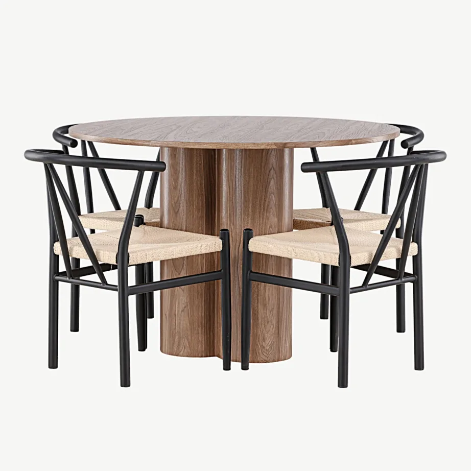 Ümmarguse söögilauakomplekt Olivia mokkatoonis nelja Alfons rotangist tooliga, GR24463 – 7