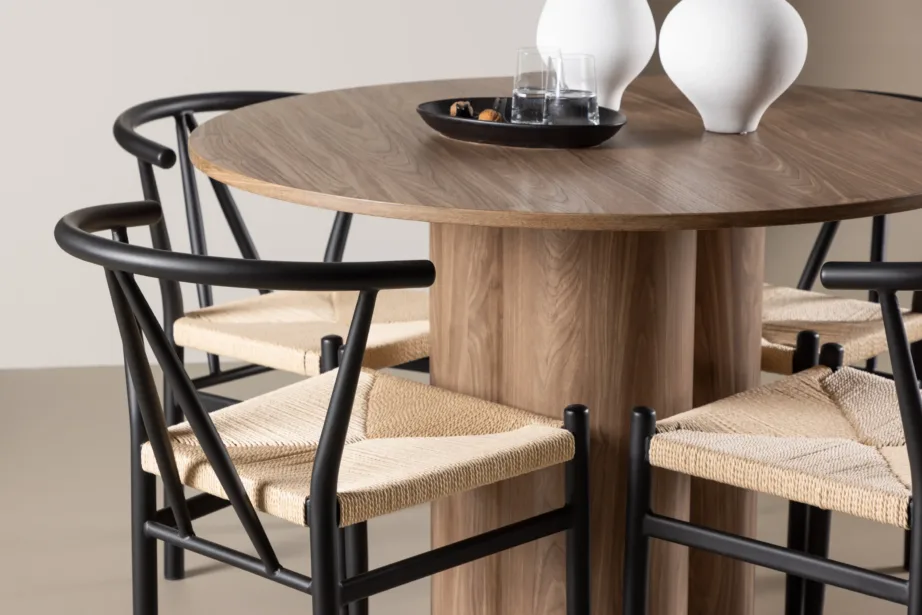 Ümmarguse söögilauakomplekt Olivia mokkatoonis nelja Alfons rotangist tooliga, GR24463 – 9