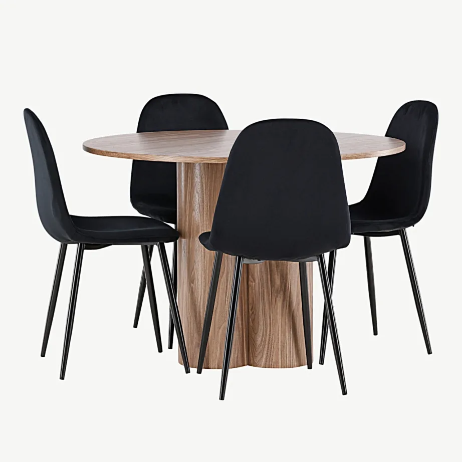 Ümmargune söögilauakomplekt Olivia pruun MDF laud ja mustad velvetkattega Polar toolid (110 cm), GR24466