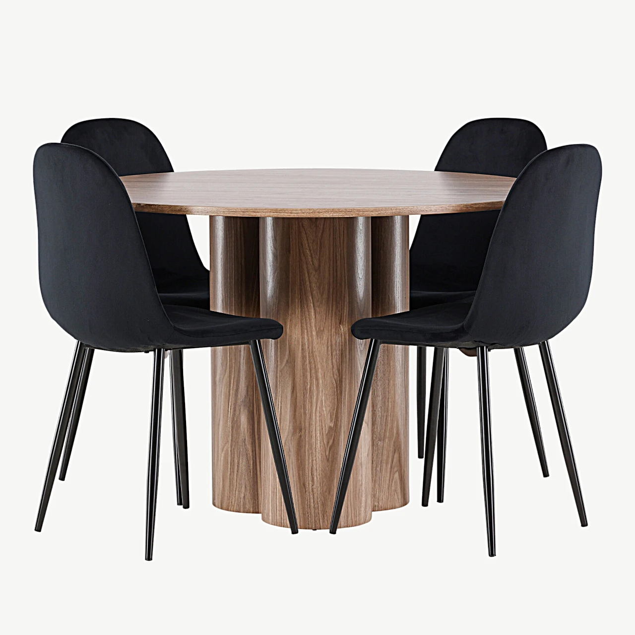 Ümmargune söögilauakomplekt Olivia pruun MDF laud ja mustad velvetkattega Polar toolid (110 cm) - GR24466
