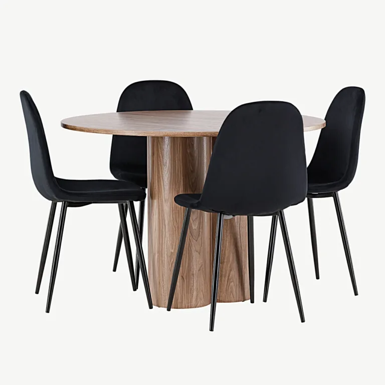 Ümmargune söögilauakomplekt Olivia pruun MDF laud ja mustad velvetkattega Polar toolid (110 cm) - GR24466