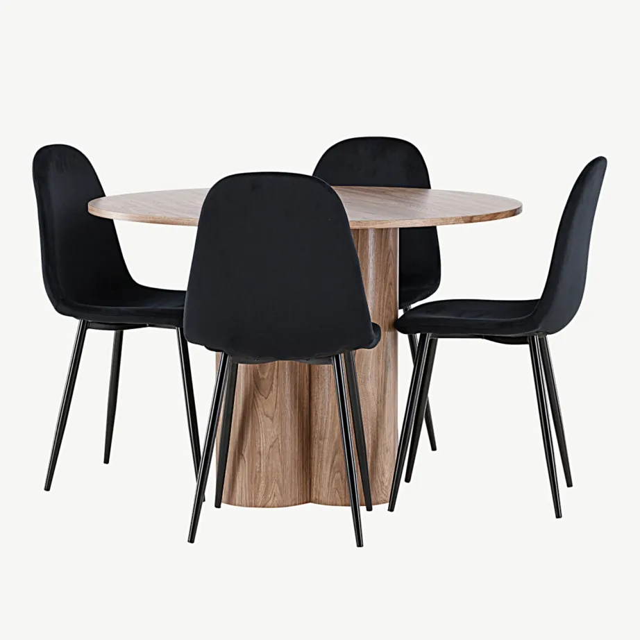 Ümmargune söögilauakomplekt Olivia pruun MDF laud ja mustad velvetkattega Polar toolid (110 cm), GR24466 – 6