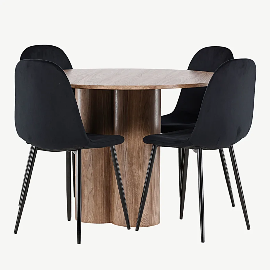 Ümmargune söögilauakomplekt Olivia pruun MDF laud ja mustad velvetkattega Polar toolid (110 cm), GR24466 – 7