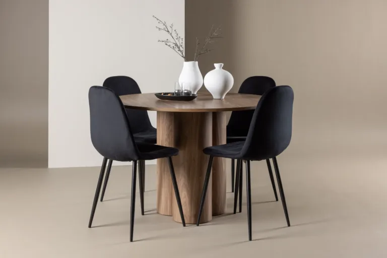 Ümmargune söögilauakomplekt Olivia pruun MDF laud ja mustad velvetkattega Polar toolid (110 cm) - GR24466