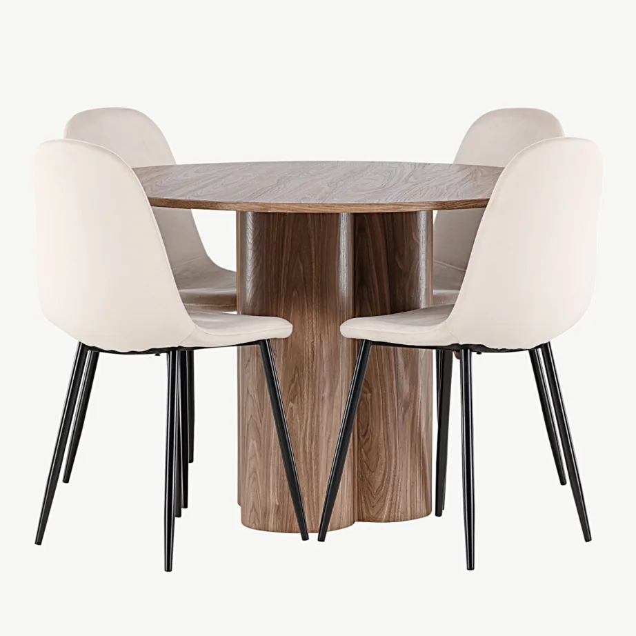 Ümmarguse pruuni Olivia söögilaua ja beežide Polar samettoolide komplekt (110 cm), GR24467 – 2