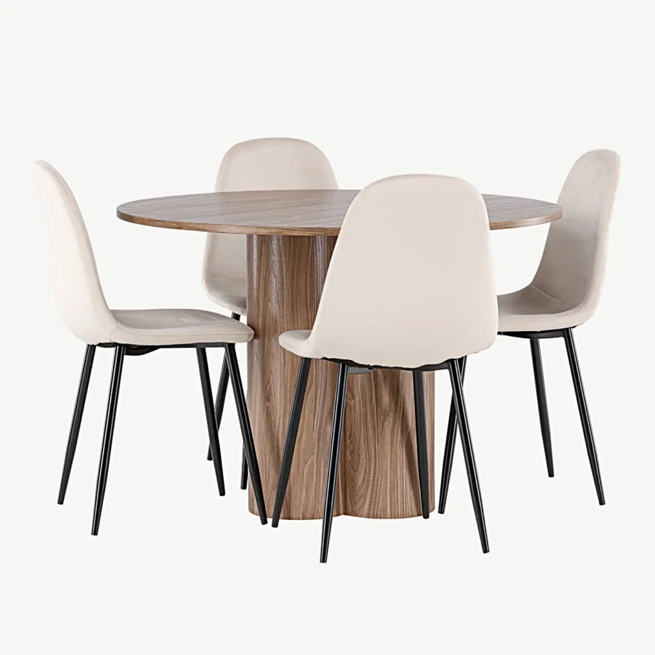 Ümmarguse pruuni Olivia söögilaua ja beežide Polar samettoolide komplekt (110 cm), GR24467