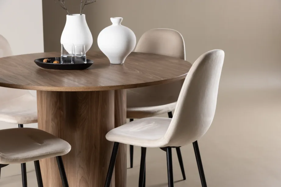 Ümmarguse pruuni Olivia söögilaua ja beežide Polar samettoolide komplekt (110 cm), GR24467 – 9