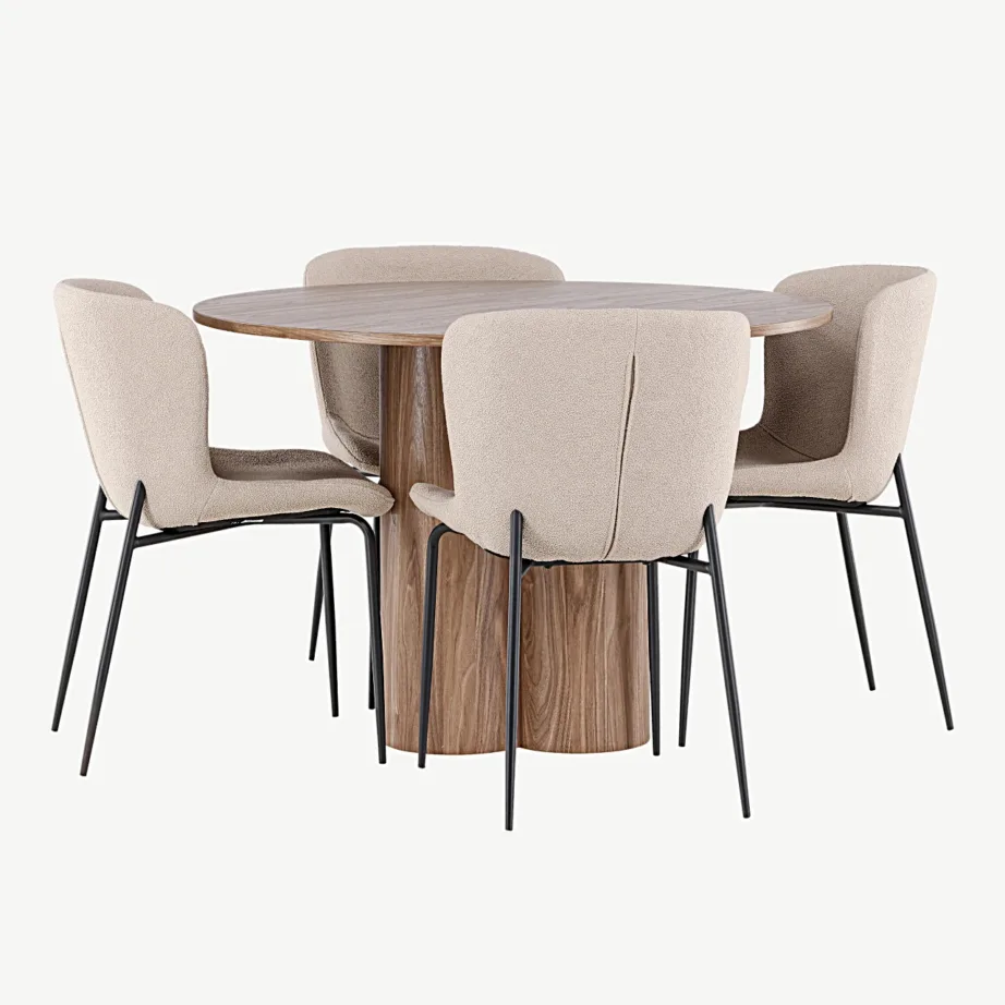 Ümmargune pruun söögilauakomplekt Olivia lauaga ja beežide Modesto buklee-toolidega (4 tk), GR24468