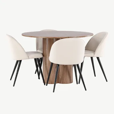 Ümmarguse pruuni söögilaua Olivia (MDF, ø110 cm) ja beežide velvetkattega toolide komplekt - GR24471