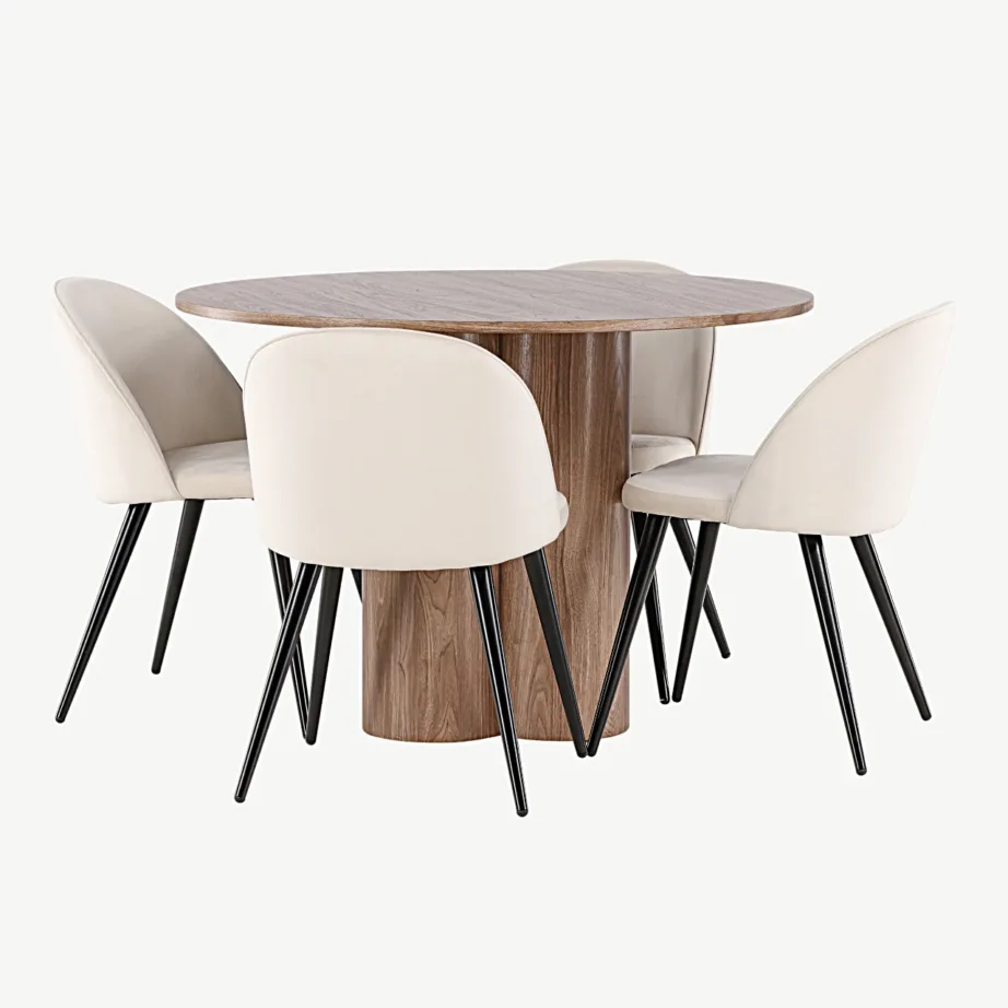 Ümmarguse pruuni söögilaua Olivia (MDF, ø110 cm) ja beežide velvetkattega toolide komplekt, GR24471 – 6