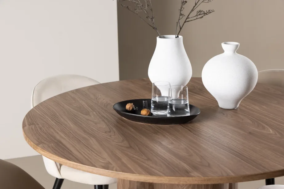 Ümmarguse pruuni söögilaua Olivia (MDF, ø110 cm) ja beežide velvetkattega toolide komplekt, GR24471 – 10