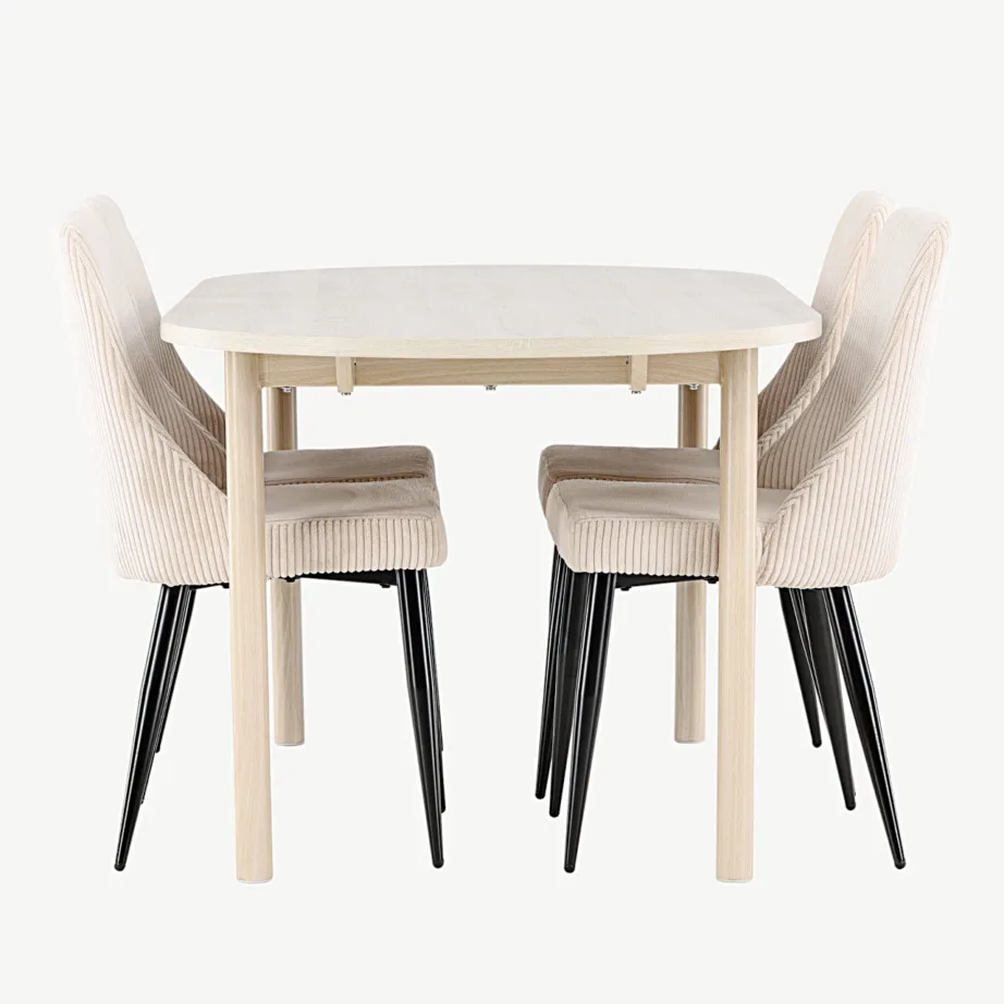 Valgeks peitsitud söögilaud Andy ja beežid Leone toolid (terasjalg, polüester), GR24484 – 2