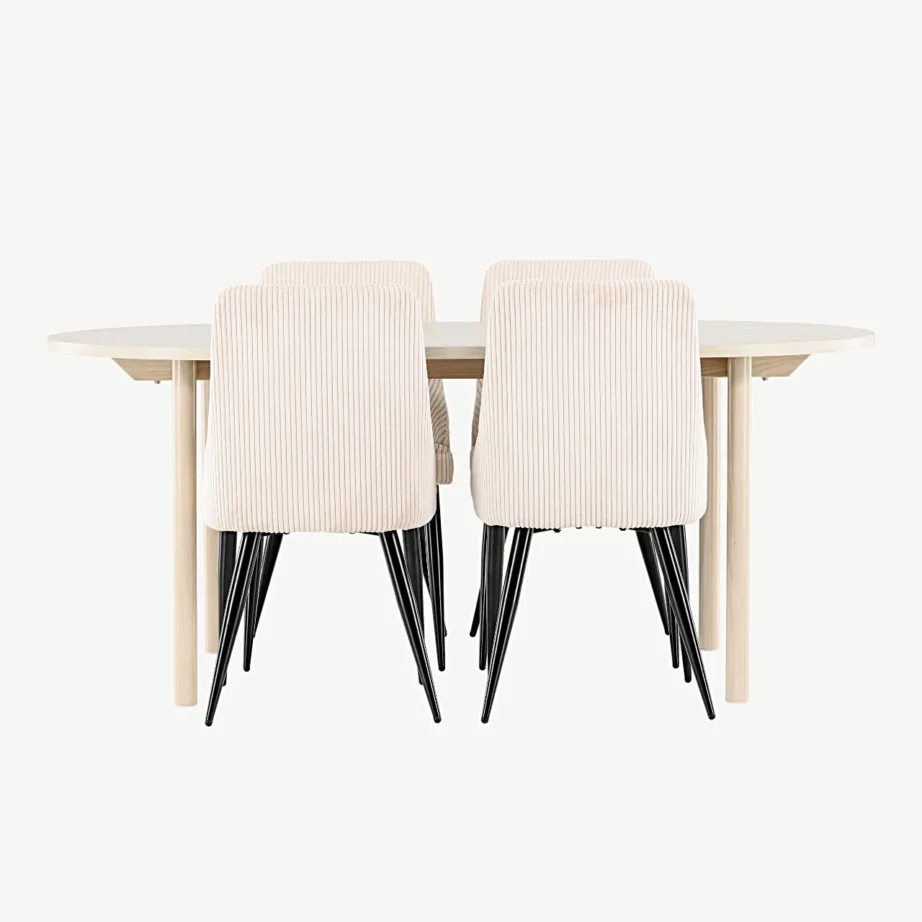 Valgeks peitsitud söögilaud Andy ja beežid Leone toolid (terasjalg, polüester), GR24484 – 4