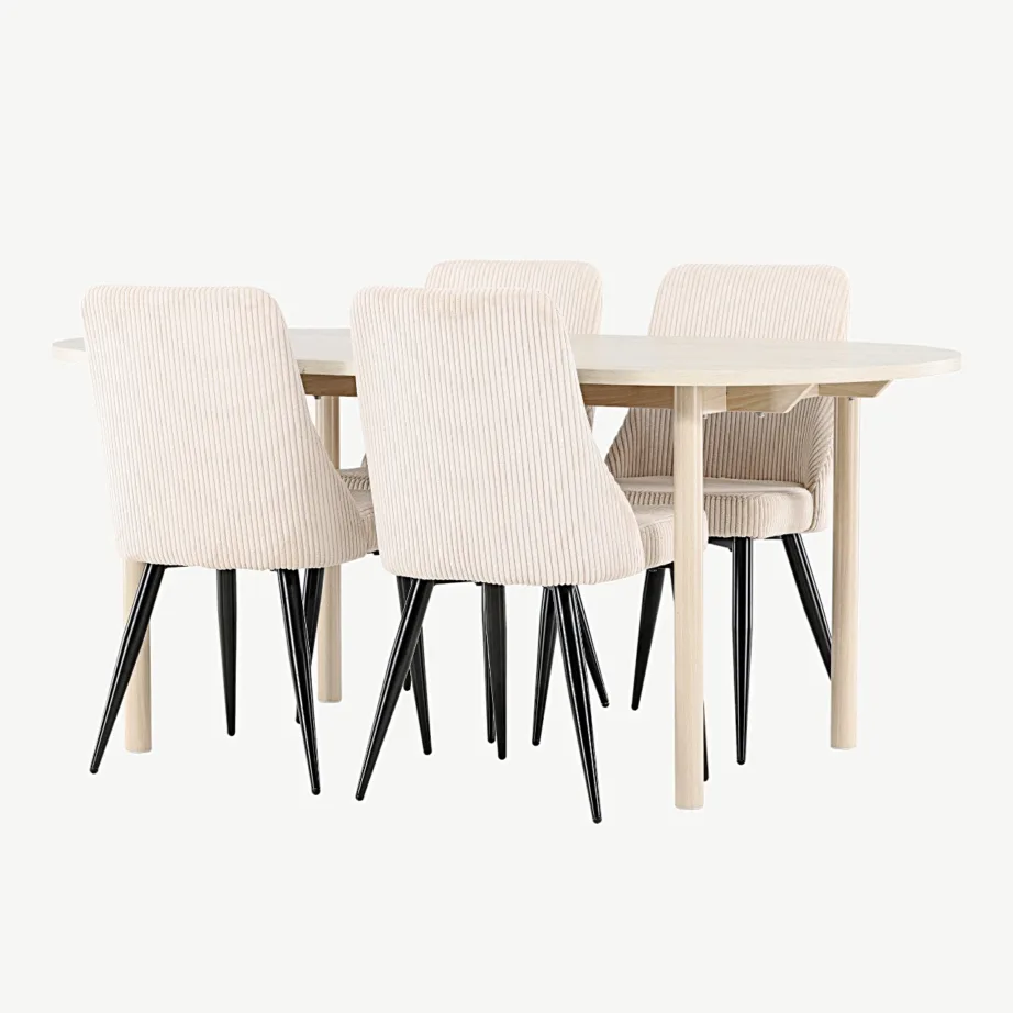 Valgeks peitsitud söögilaud Andy ja beežid Leone toolid (terasjalg, polüester), GR24484 – 5
