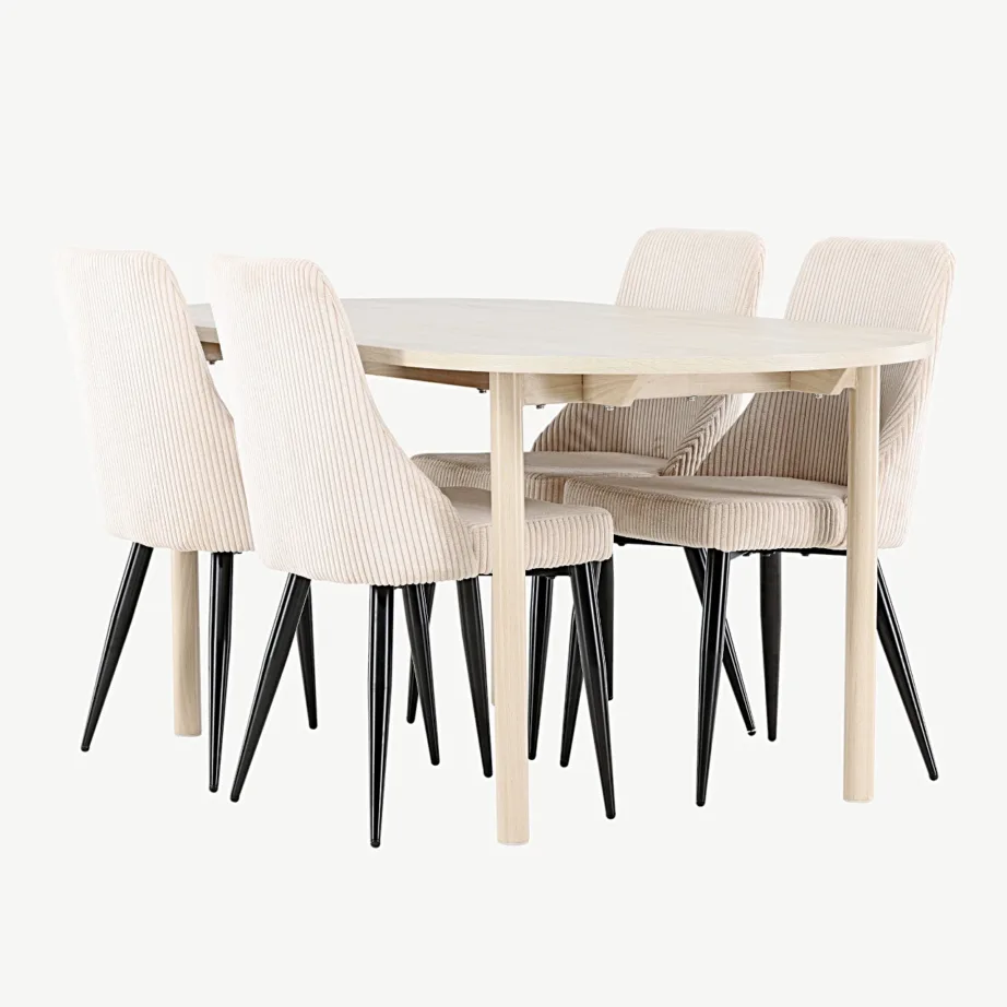 Valgeks peitsitud söögilaud Andy ja beežid Leone toolid (terasjalg, polüester), GR24484 – 6