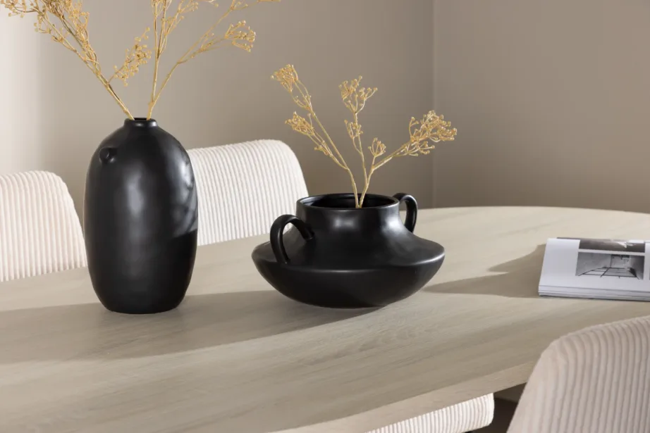 Valgeks peitsitud söögilaud Andy ja beežid Leone toolid (terasjalg, polüester), GR24484 – 10