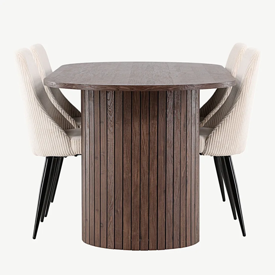 Häröni mokkatooniline MDF-söögilaud ja beežid Leone terasjalgadel toolid, GR24506 – 2