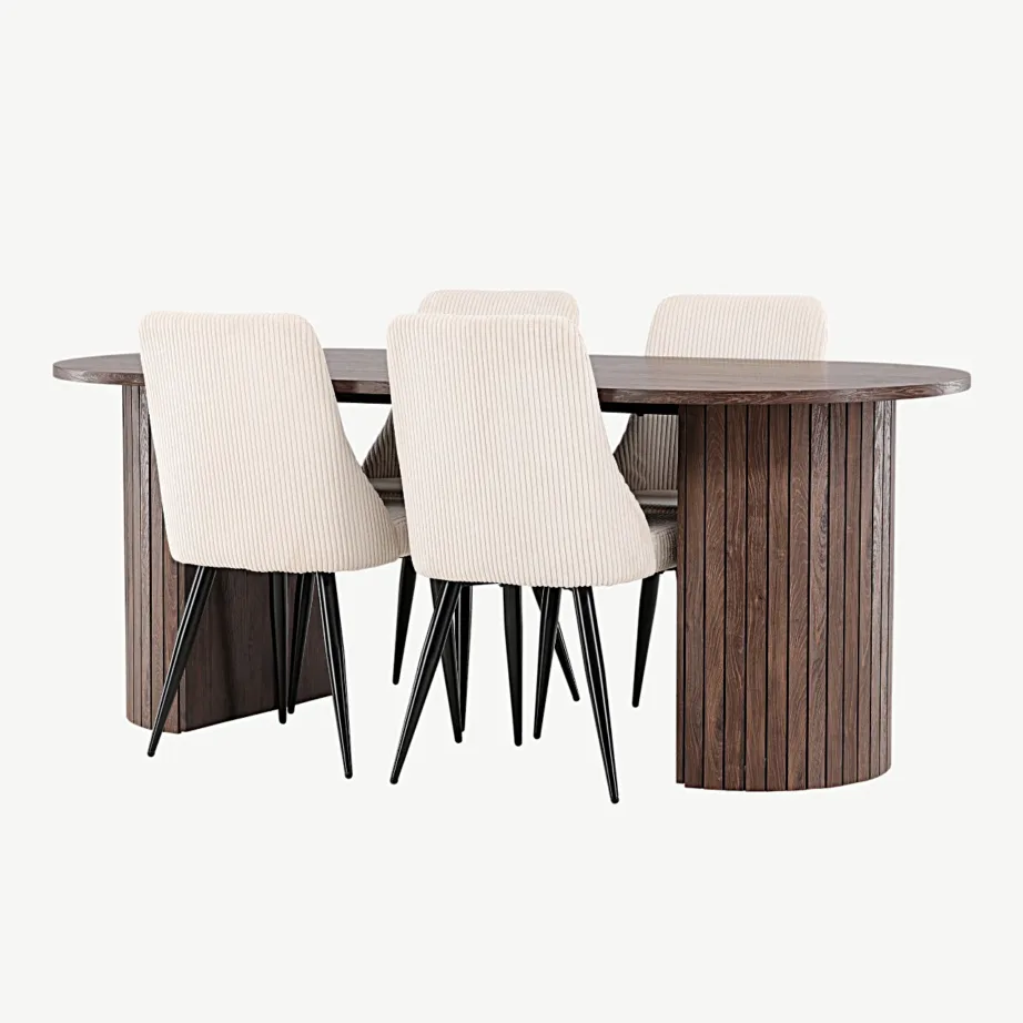 Häröni mokkatooniline MDF-söögilaud ja beežid Leone terasjalgadel toolid, GR24506 – 5