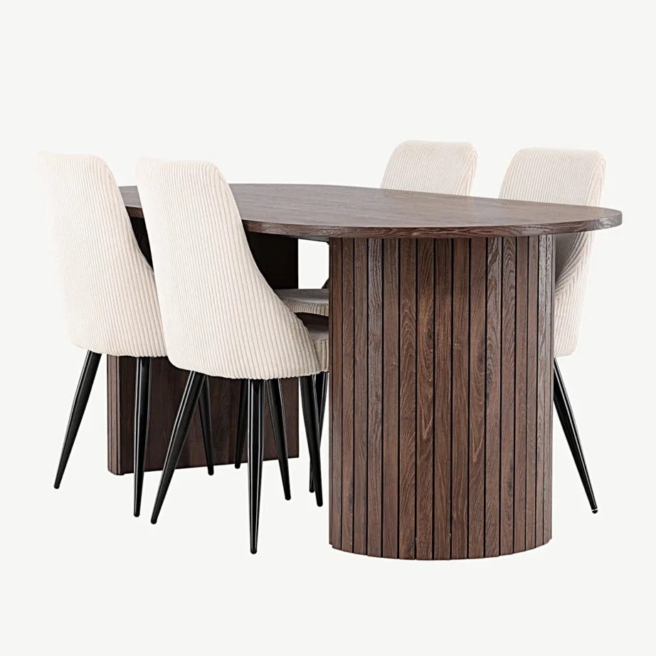 Häröni mokkatooniline MDF-söögilaud ja beežid Leone terasjalgadel toolid, GR24506 – 6