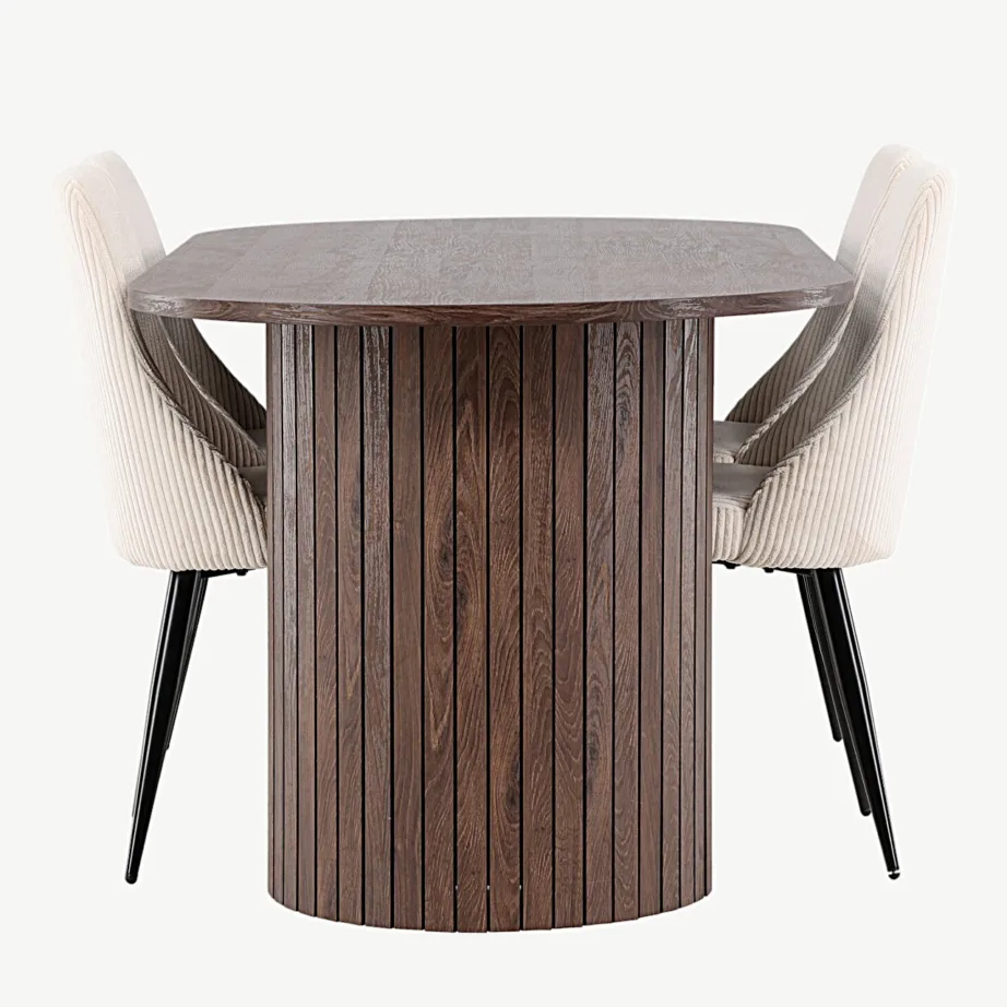 Häröni mokkatooniline MDF-söögilaud ja beežid Leone terasjalgadel toolid, GR24506 – 7