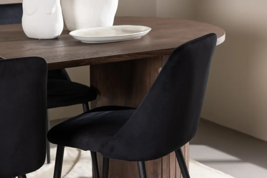 Mokkakarva MDF-söögilaud Häröni ja musta sametpolsterdusega söögitoolid Night, GR24507 – 3