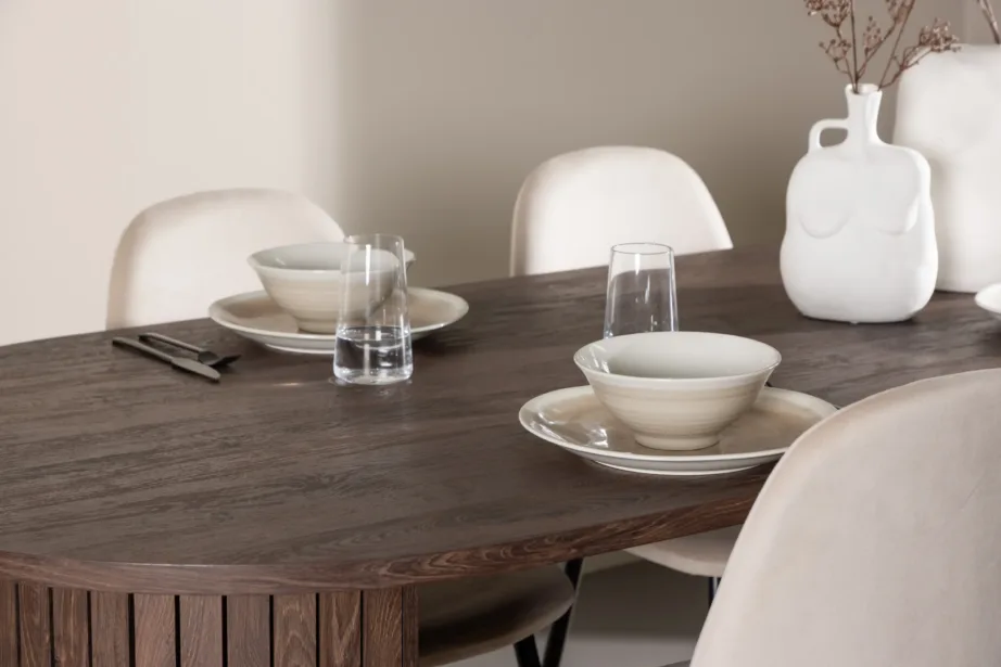 Modernne mokka toonis söögilaud Härön ja sametpolsterdusega Polar toolid (beež, 200 × 90 cm), GR24509 – 10