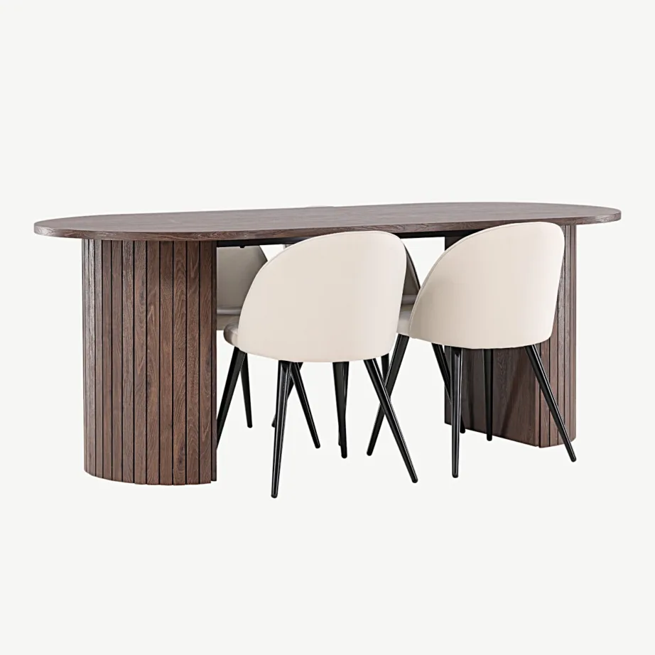 Mokkavärvi ovaalne söögilaud Härön ja beežid sametpolsterdatud söögitoolid, GR24512 – 3