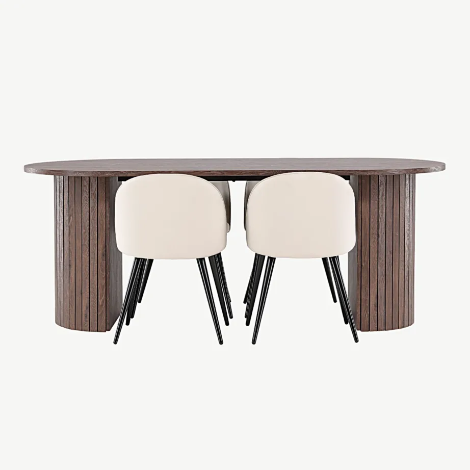 Mokkavärvi ovaalne söögilaud Härön ja beežid sametpolsterdatud söögitoolid, GR24512 – 4