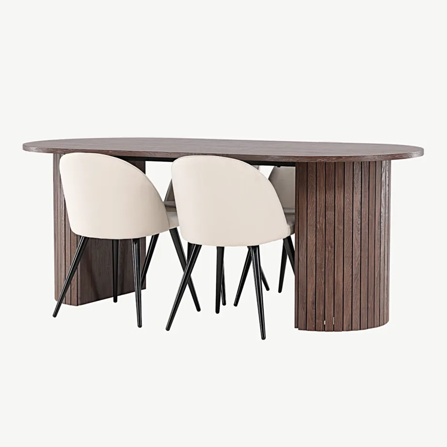 Mokkavärvi ovaalne söögilaud Härön ja beežid sametpolsterdatud söögitoolid, GR24512 – 5