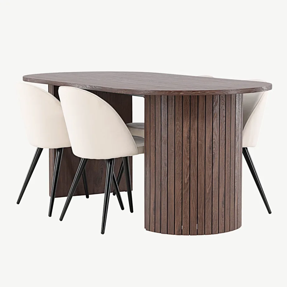 Mokkavärvi ovaalne söögilaud Härön ja beežid sametpolsterdatud söögitoolid, GR24512 – 6